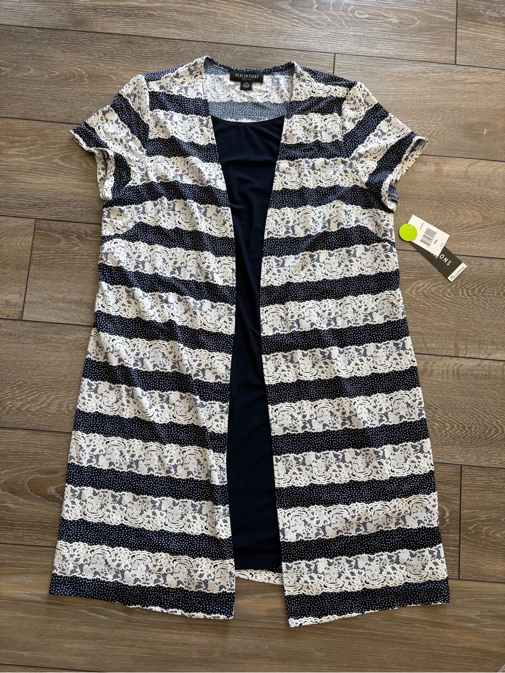 Perceptions Navy & White Lace-Striped Midi Open-Front Dress